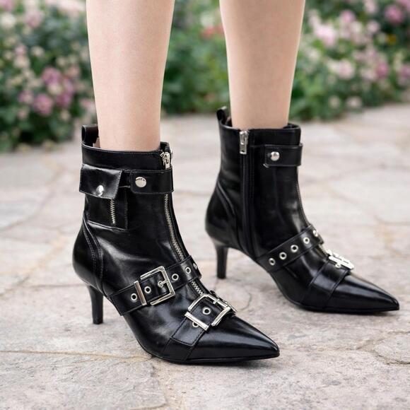 Wild Pair Shoes - NEW Wild Pair Moonbeam Gothic Black Buckle Booties Size 8.5 Pointy Stiletto Heel